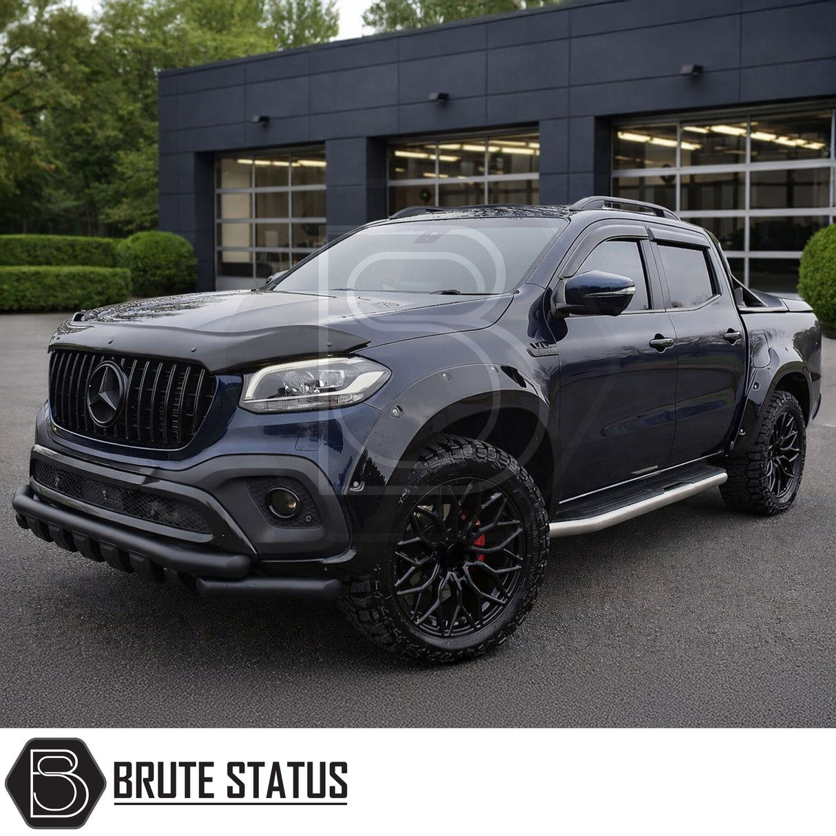 Mercedes X-Class 2017-2020 wide arch kit gloss black Overland Extreme ABS wheel arch extensions fitted to off-road pickup