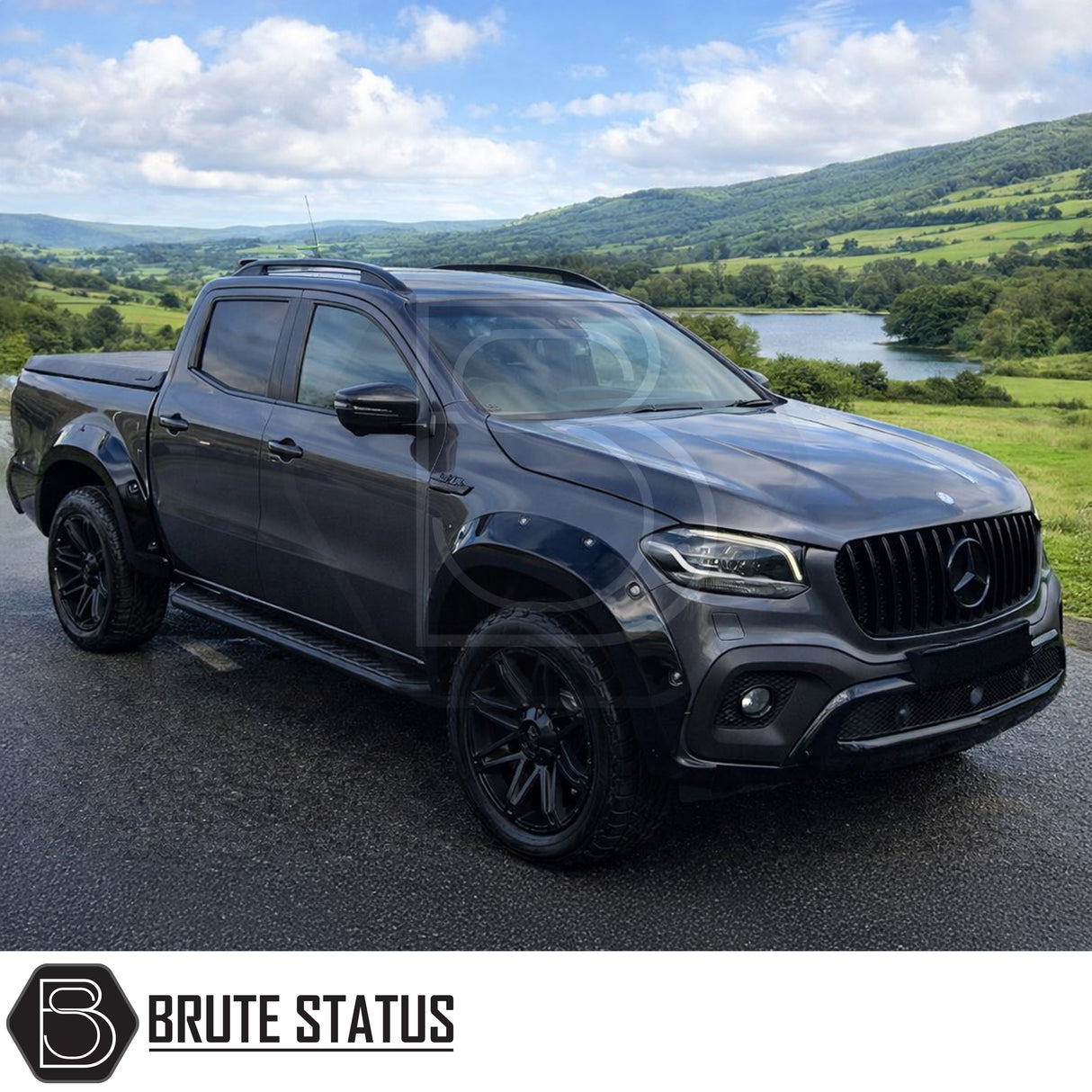 Gloss black Overland Extreme wide wheel arch extensions installed on Mercedes X-Class 2017-2020 double cab pickup