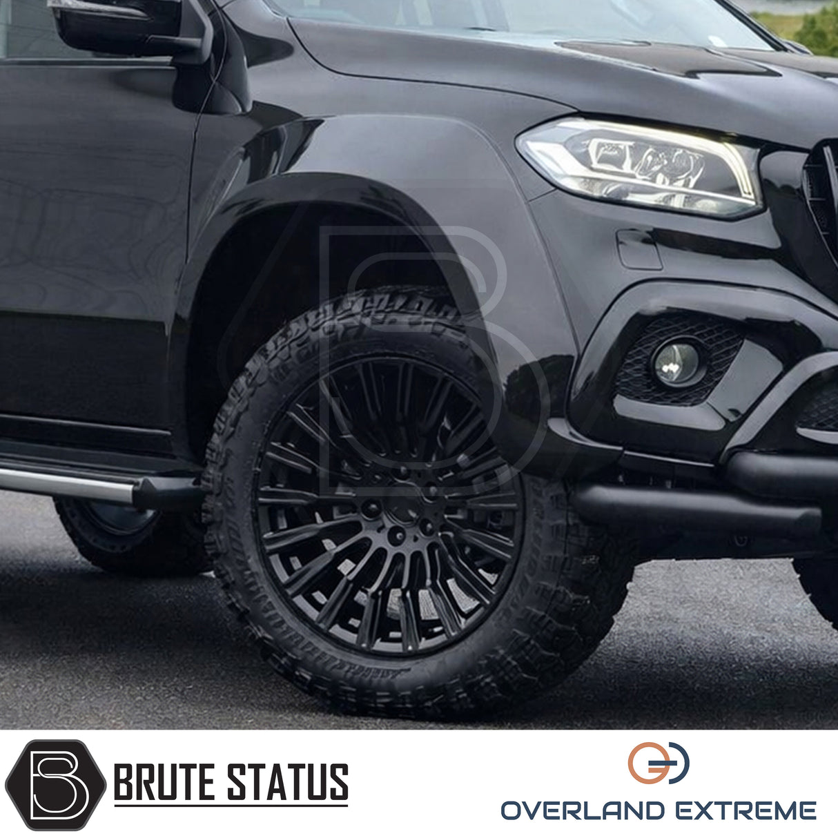 Mercedes X-Class 2017-2020 Smooth Wide Arch Kit Overland Extreme in gloss black, premium wheel arch extensions for Double Cab pickup trucks.