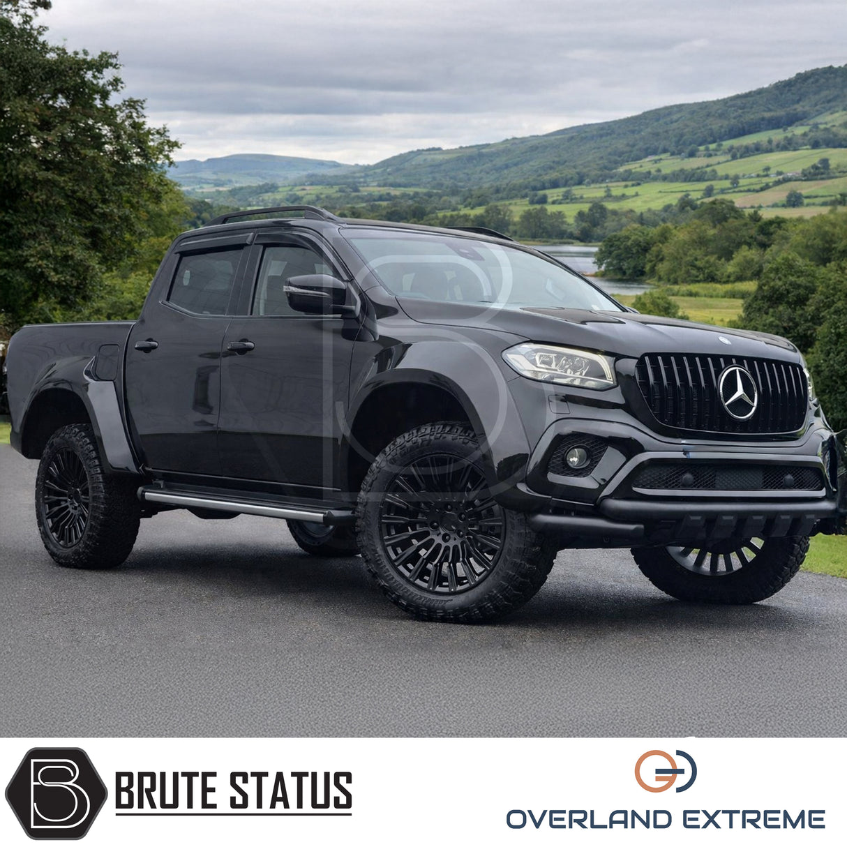 Overland Extreme Mercedes X-Class smooth wide arch kit with gloss black finish and weather-tight rubber seal fitment.