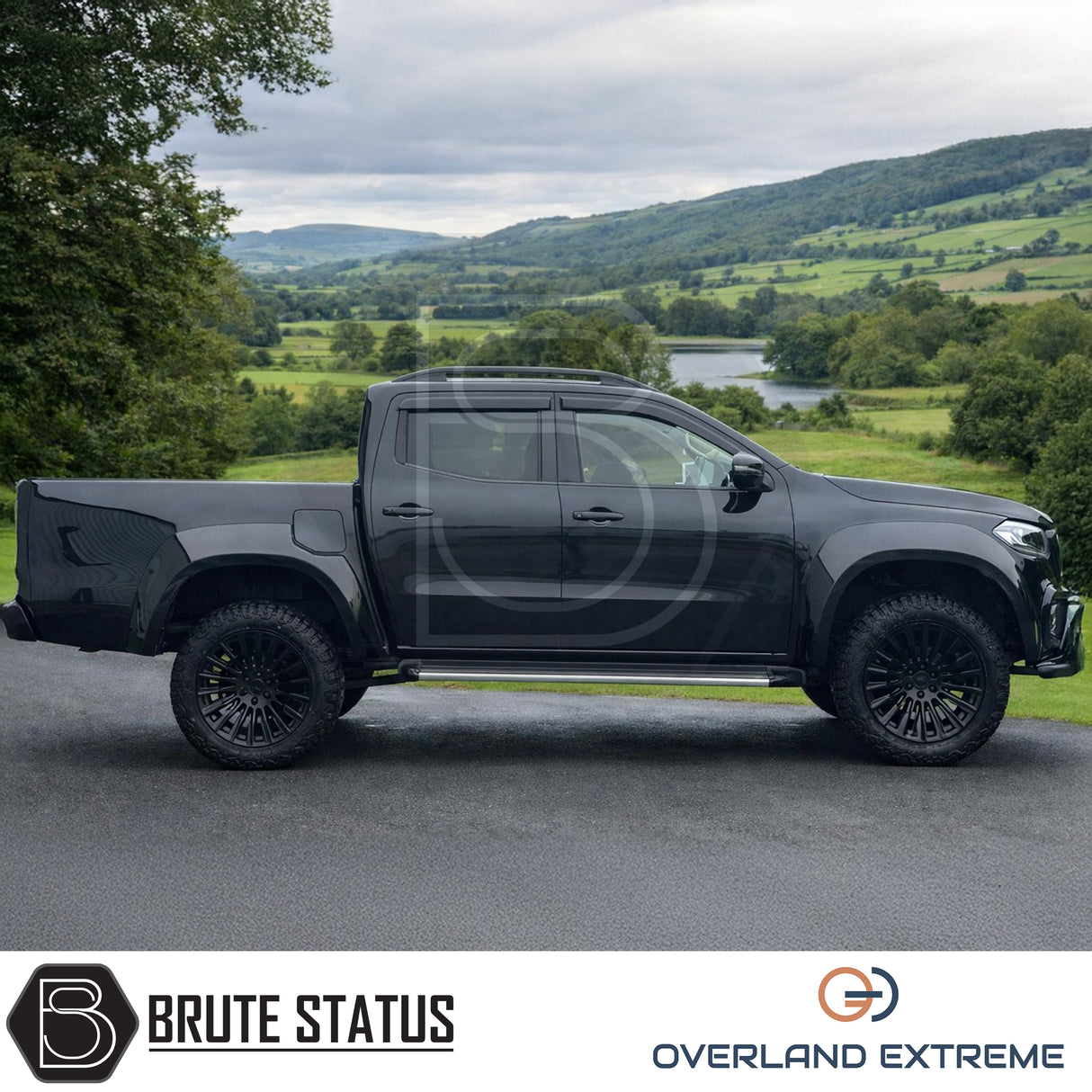 Gloss black wide body arch kit for Mercedes X-Class, adding a wider stance and aggressive off-road appearance.