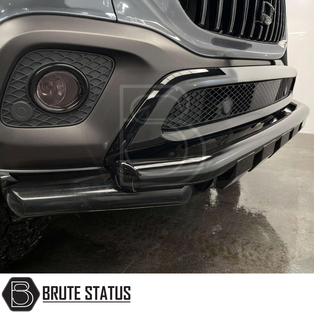 Mercedes X-Class gloss black nudge bar fitted to front bumper with wide arches and black alloy wheels