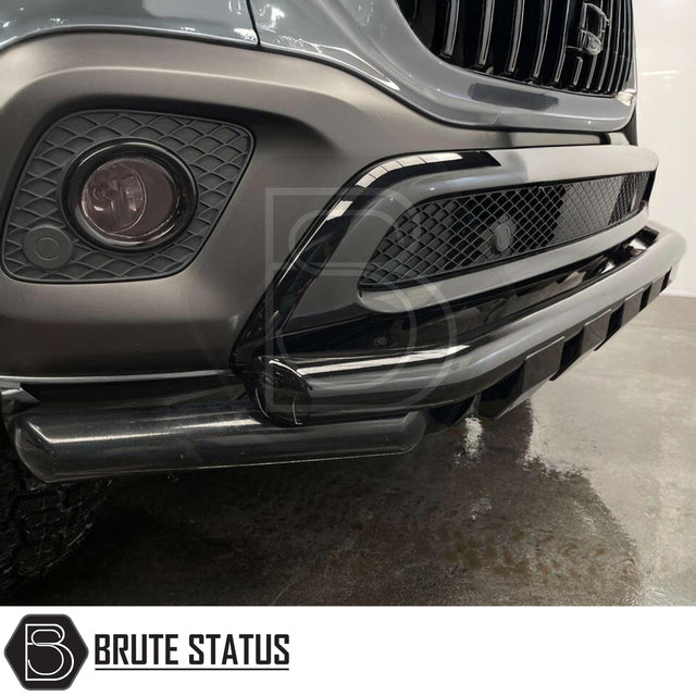 Mercedes X-Class gloss black nudge bar fitted to front bumper with wide arches and black alloy wheels