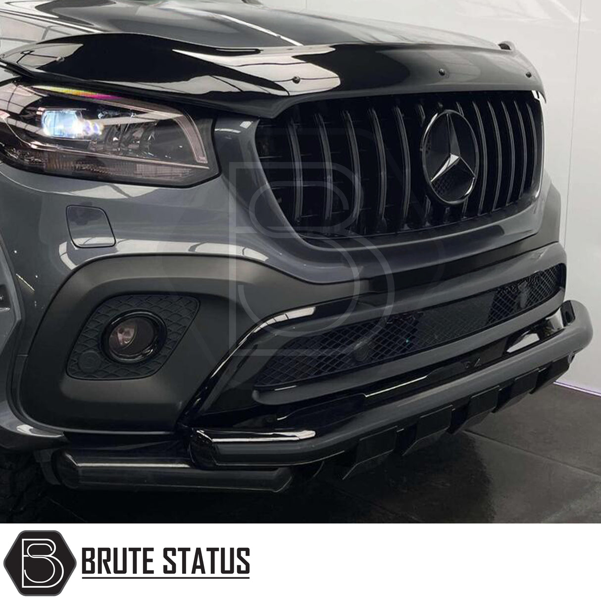 Gloss black city bar installed on Mercedes X-Class showing front end styling upgrade