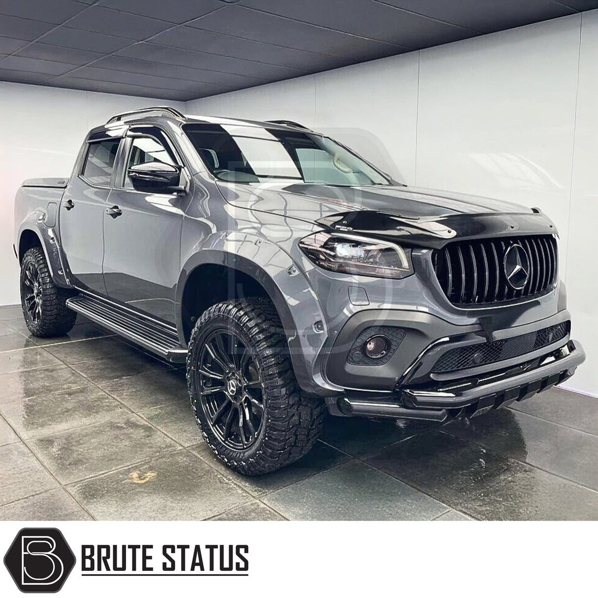 Mercedes X-Class front gloss black nudge bar mounted to chassis rails with parking sensor compatibility