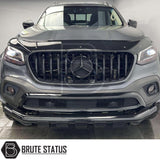 Angled front view of Mercedes X-Class with gloss black nudge bar enhancing aggressive styling