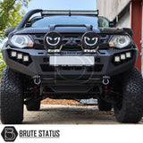 Mitsubishi L200 MK5 2015-2019 heavy duty off road winch front bumper with matte black powder coated carbon steel construction integrated LED lights and winch mounting space for front end protection. 