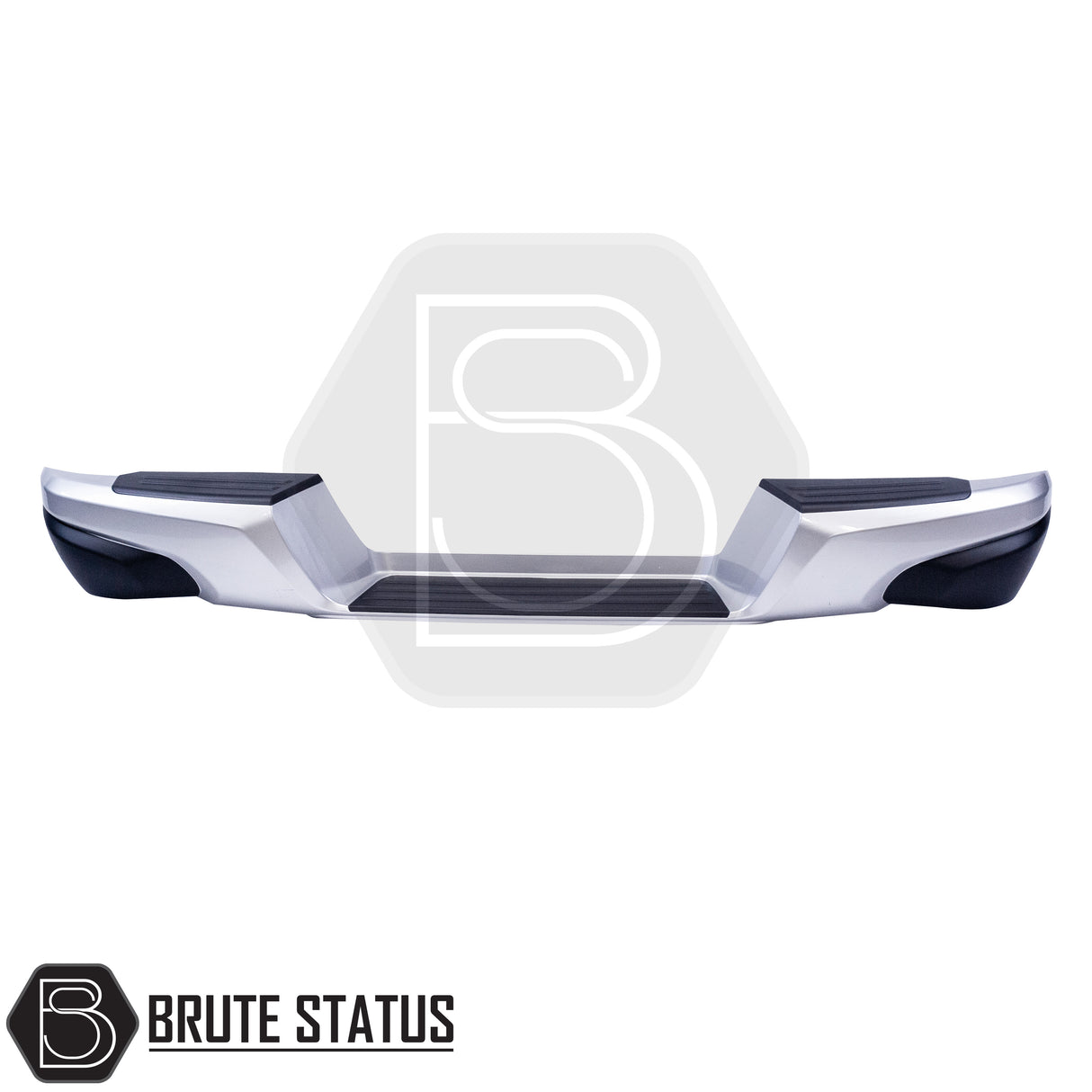Silver rear bumper for 2015-2019 Mitsubishi L200, featuring a sleek factory-style finish, non-slip foot steps with drainage channels, and a durable, direct bolt-on design for easy installation and rugged use.