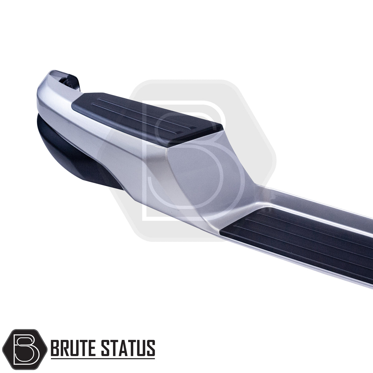 Silver rear bumper for 2015-2019 Mitsubishi L200, featuring a sleek factory-style finish, non-slip foot steps with drainage channels, and a durable, direct bolt-on design for easy installation and rugged use.
