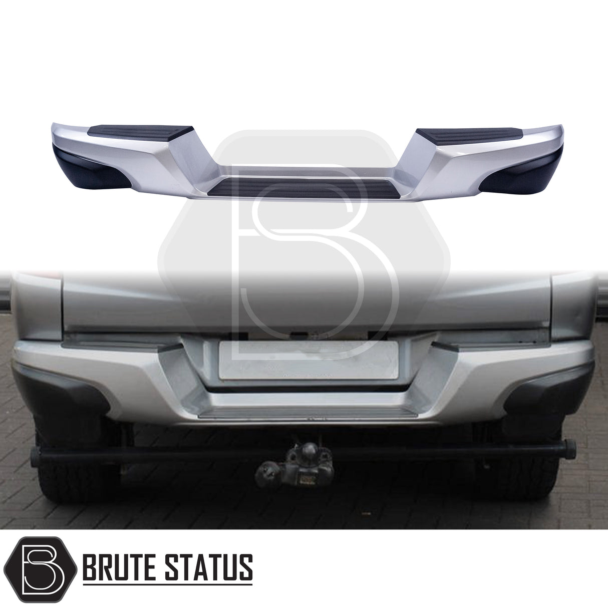 Silver rear bumper for 2015-2019 Mitsubishi L200, featuring a sleek factory-style finish, non-slip foot steps with drainage channels, and a durable, direct bolt-on design for easy installation and rugged use.