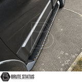 Mounted matte black heavy duty overlanding side steps fitted to Mitsubishi L200 pickup truck offroad 4x4 vehicle. Mounting hardware included.
