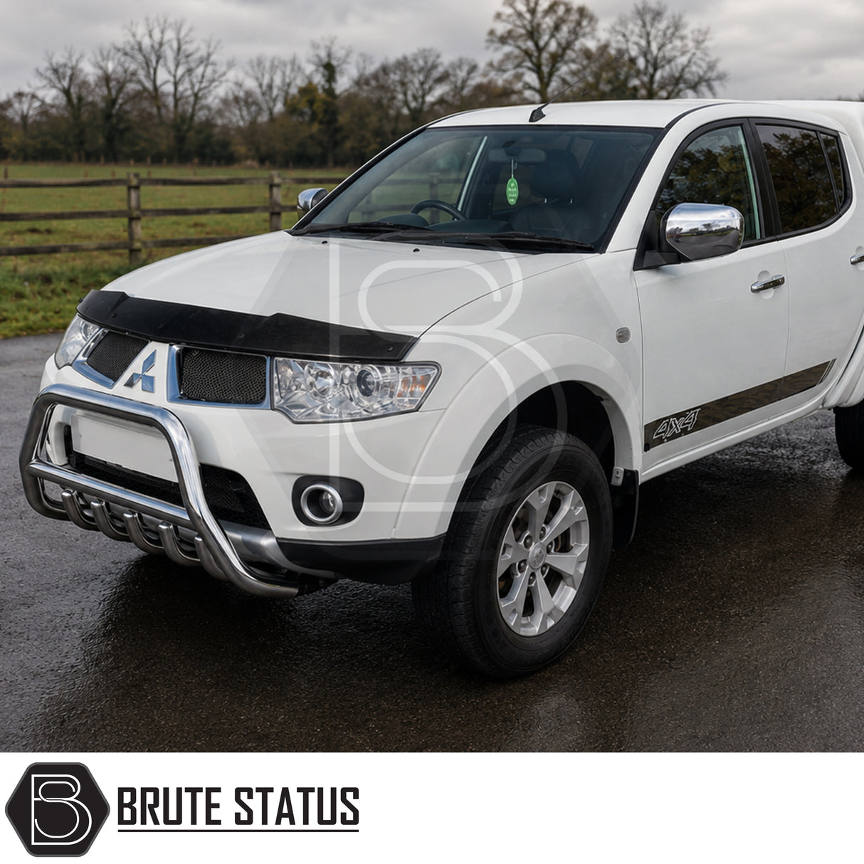 Front mounted fitted bull bar to Mitsubishi L200 Series 4 pickup truck offroad 4x4 vehicle. Chrome stainless carbon silver steel. 