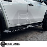 Mitsubishi L200 Series 5 2015-2019 Heavy Duty S32 Steel Side Steps in matt black, shown installed on a parked vehicle, highlighting durability and design.