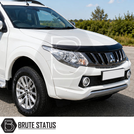 White Mitsubishi L200 2015-2019 featuring slim style bonnet stone deflector in black ABS plastic for enhanced front-end protection
