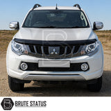 Premium black bonnet protector installed on a white Mitsubishi L200 Series 5 pickup truck with aerodynamic styling