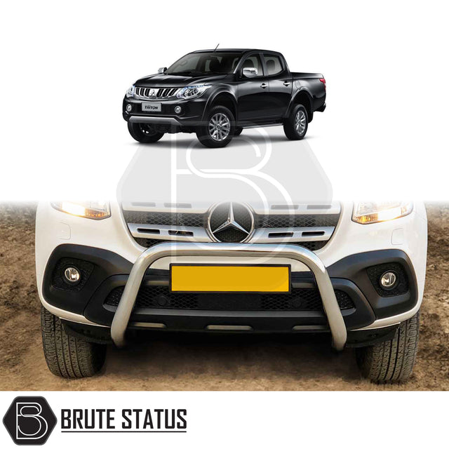 black bull/nudge bar for the Mitsubishi L200 Series 5 2015-2019 pickup truck, showcasing its rugged design and protective build