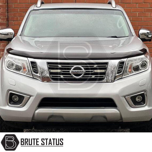 Acrylic black bonnet guard for Nissan Navara, made from strong ABS plastic with an aerodynamic design, helping protect the bonnet and windscreen from bugs and stone chips, rust and fade resistant, easy to fit with all brackets included and pre-assembled.