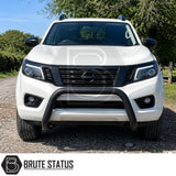Heavy duty matte black power coated bull bar fitted to white Nissan Navara NP300 with mounting hardware 