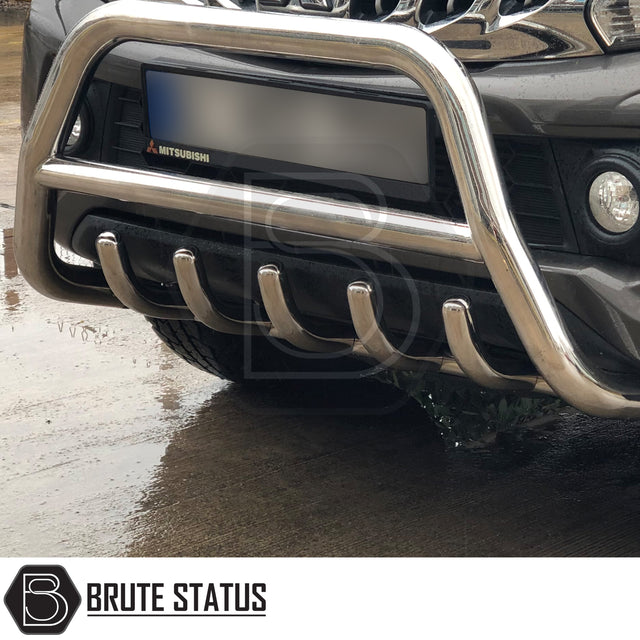 Chrome city bar fitted to a 2015–2022 Nissan Navara NP300, made from durable carbon steel to enhance styling and provide bumper protection, with a TÜV-certified, no-drill, DIY installation using chassis-mounted brackets.