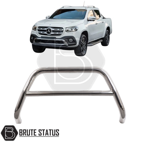 Chrome bull bar for a 2017-2020 Mercedes X-Class, made from durable carbon steel to enhance styling and provide bumper protection, featuring a TÜV-certified, no-drill, DIY installation using chassis-mounted U-brackets.