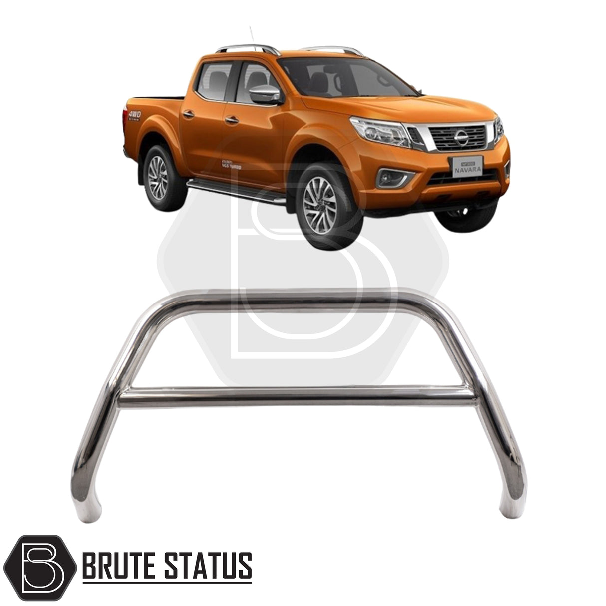 Chrome bull bar for a 2015-2022 Nissan Navara NP300, made from durable carbon steel to enhance styling and provide bumper protection, featuring a TÜV-certified, no-drill, DIY installation using chassis-mounted U-brackets.