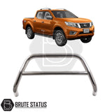 Chrome bull bar for a 2015-2022 Nissan Navara NP300, made from durable carbon steel to enhance styling and provide bumper protection, featuring a TÜV-certified, no-drill, DIY installation using chassis-mounted U-brackets.