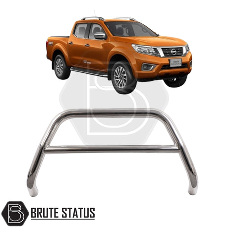 Chrome bull bar for a 2015-2022 Nissan Navara NP300, made from durable carbon steel to enhance styling and provide bumper protection, featuring a TÜV-certified, no-drill, DIY installation using chassis-mounted U-brackets.