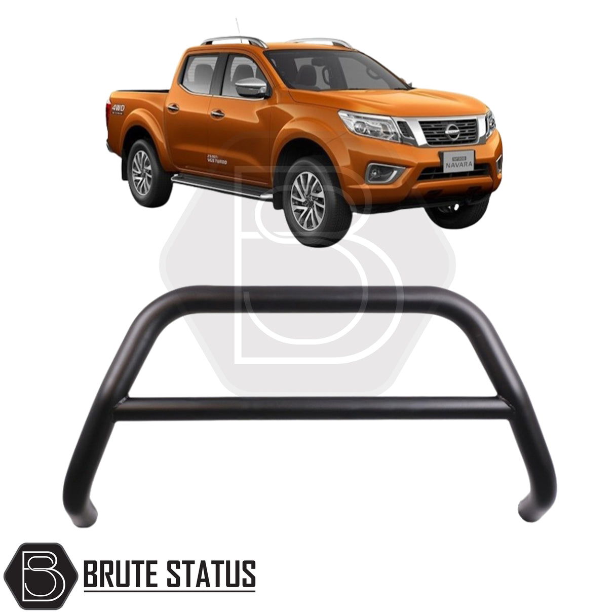 Matte black city bar for a 2015-2022 Navara, made from durable carbon steel to enhance styling and provide bumper protection, featuring a TÜV-certified, no-drill, DIY installation using chassis-mounted U-brackets.