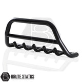 Matte black city bar fitted to a 2006–2015 Nissan Navara D40, manufactured from durable carbon steel to enhance styling and provide bumper protection, with a TÜV-certified, no-drill, DIY installation using chassis-mounted U-brackets.