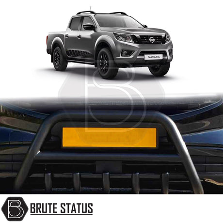Matte black city bar fitted to a 2006–2015 Nissan Navara D40, manufactured from durable carbon steel to enhance styling and provide bumper protection, with a TÜV-certified, no-drill, DIY installation using chassis-mounted U-brackets.