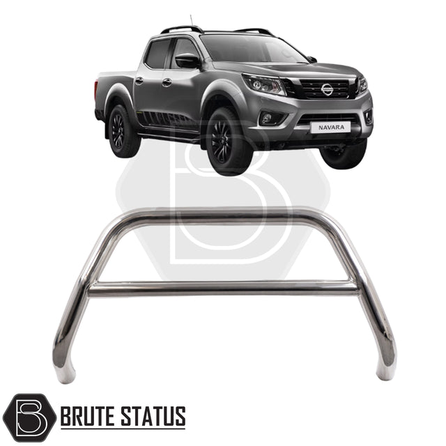 Chrome A-Bar nudge bar for Nissan Navara D40 pickup truck (2006–2014), designed for bumper protection and enhanced styling.