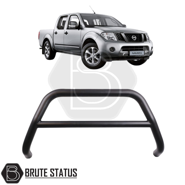 Matte black city bar for a Nissan Navara D40, made from durable carbon steel to enhance styling and provide bumper protection, featuring a TÜV-certified, no-drill, DIY installation using chassis-mounted U-brackets.