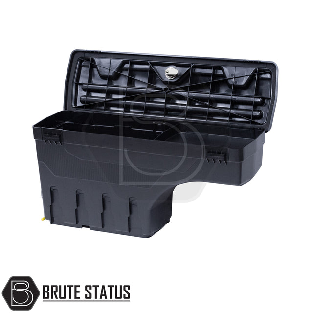 Passenger side heavy-duty ABS plastic wheel well lock box for 2012+ Ford Ranger, featuring a matte black finish, weather-sealed lid, integrated lock, and swivel-out design for secure, organized truck bed storage.