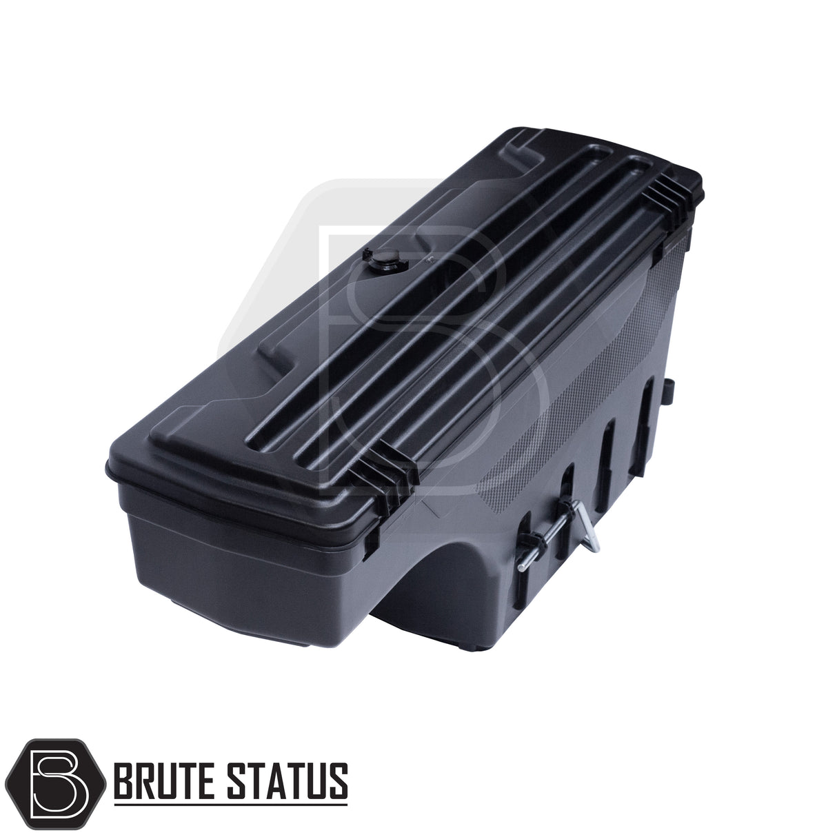 Passenger side heavy-duty ABS plastic wheel well lock box for 2012+ Ford Ranger, featuring a matte black finish, weather-sealed lid, integrated lock, and swivel-out design for secure, organized truck bed storage.