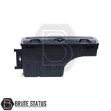 Passenger side heavy-duty ABS plastic wheel well lock box for 2012+ Ford Ranger, featuring a matte black finish, weather-sealed lid, integrated lock, and swivel-out design for secure, organized truck bed storage.