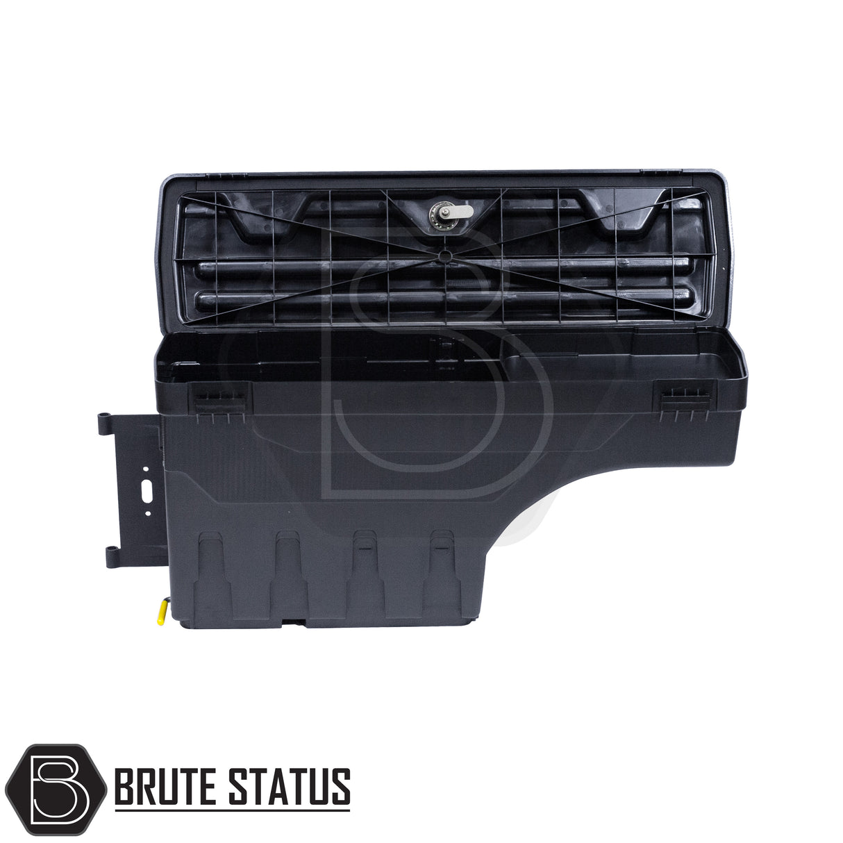 Passenger side heavy-duty ABS plastic wheel well lock box for 2012+ Ford Ranger, featuring a matte black finish, weather-sealed lid, integrated lock, and swivel-out design for secure, organized truck bed storage.