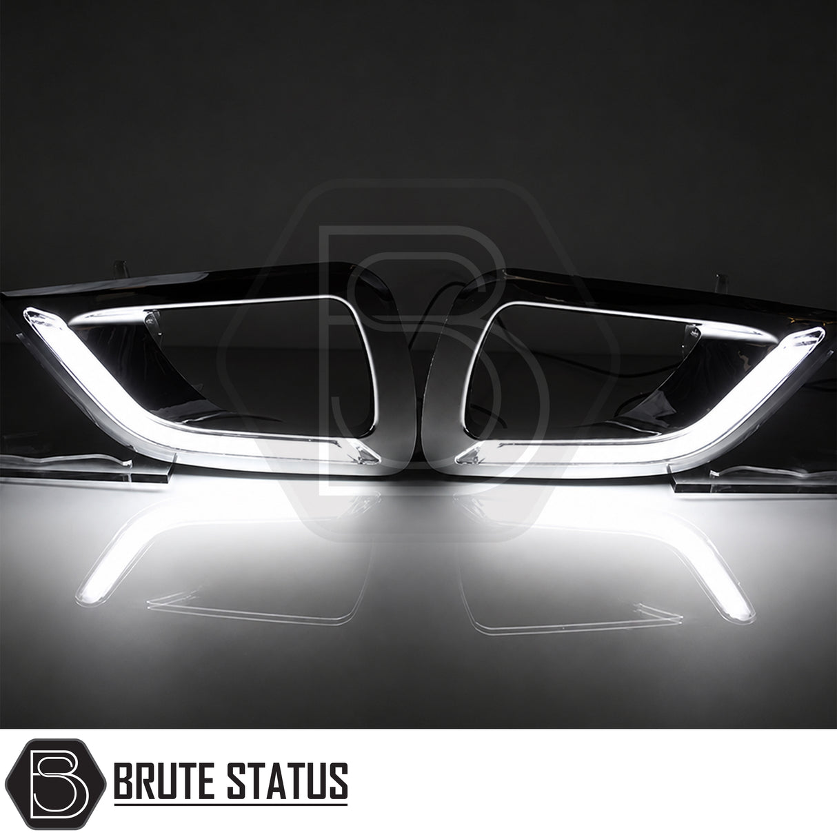Nissan Navara NP300 2015-2022 DRL kit, LED daytime running light fog lamp surrounds with chrome finish and plug-and-play wiring harness.