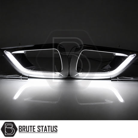 Nissan Navara NP300 2015-2022 DRL kit, LED daytime running light fog lamp surrounds with chrome finish and plug-and-play wiring harness.