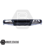 Chrome rear bumper for Nissan Navara NP300 (2015–2022), featuring a sleek factory-style finish, pre-drilled holes for OEM parking sensors, non-slip foot steps with drainage channels, and a durable, direct bolt-on design for easy installation and rugged use.