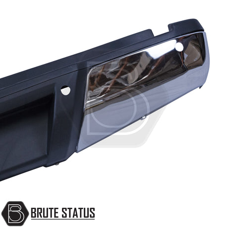 Chrome rear bumper for Nissan Navara NP300 (2015–2022), featuring a sleek factory-style finish, pre-drilled holes for OEM parking sensors, non-slip foot steps with drainage channels, and a durable, direct bolt-on design for easy installation and rugged use.