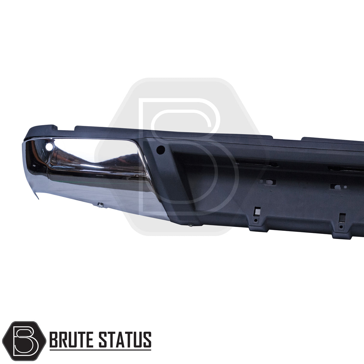 Chrome rear bumper for Nissan Navara NP300 (2015–2022), featuring a sleek factory-style finish, pre-drilled holes for OEM parking sensors, non-slip foot steps with drainage channels, and a durable, direct bolt-on design for easy installation and rugged use.