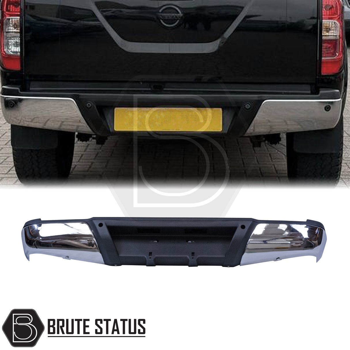 Chrome rear bumper for Nissan Navara NP300 (2015–2022), featuring a sleek factory-style finish, pre-drilled holes for OEM parking sensors, non-slip foot steps with drainage channels, and a durable, direct bolt-on design for easy installation and rugged use.