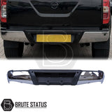 Chrome rear bumper for Nissan Navara NP300 (2015–2022), featuring a sleek factory-style finish, pre-drilled holes for OEM parking sensors, non-slip foot steps with drainage channels, and a durable, direct bolt-on design for easy installation and rugged use.