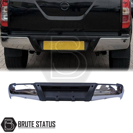 Chrome rear bumper for Nissan Navara NP300 (2015–2022), featuring a sleek factory-style finish, pre-drilled holes for OEM parking sensors, non-slip foot steps with drainage channels, and a durable, direct bolt-on design for easy installation and rugged use.