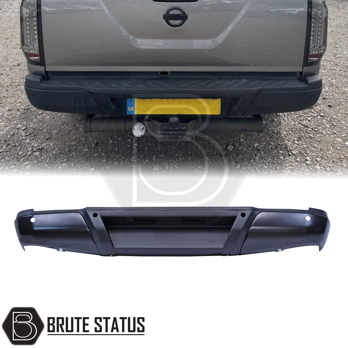 Black rear bumper for Nissan Navara NP300 (2015–2022), featuring a sleek factory-style finish, pre-drilled holes for OEM parking sensors, non-slip foot steps with drainage channels, and a durable, direct bolt-on design for easy installation and rugged use