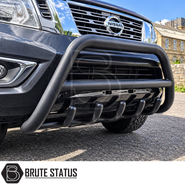 Nissan Navara NP300 2015-2022 matte black A-Bar nudge bar, premium carbon steel front bull bar with TUV certification, parking sensor compatible brackets and durable front bumper protection for pickup trucks.