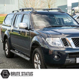 Nissan Navara 2005-2015 D40 Truckman GLS Hardtop Canopy with remote locking, featuring roof-rails, side-steps, alloy wheels, and secure, lockable sliding windows for ventilation and added security.