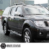Nissan Navara 2005-2015 D40 Truckman Grand Hardtop Canopy with remote locking, featuring tinted windows, pop-out ventilation, and streamlined design, displayed on a crew-cab pickup truck.