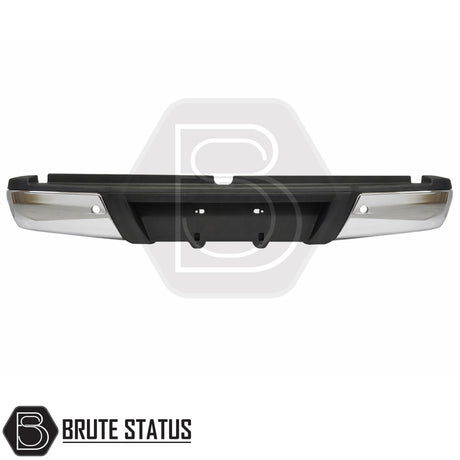 Chrome rear bumper for Nissan Navara NP300 2015–2022 with one parking sensor hole per side and integrated step pads