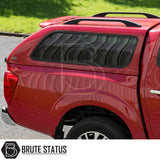 Rear view of a Nissan Navara NP300 with a Truckman GLS Hardtop Canopy featuring tinted windows, roof rails, and “Brute Status” logo watermark.